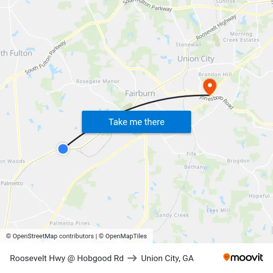 Roosevelt Hwy @ Hobgood Rd to Union City, GA map