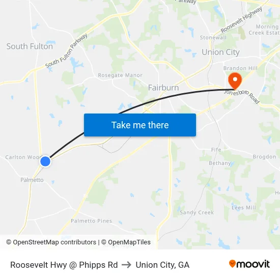 Roosevelt Hwy @ Phipps Rd to Union City, GA map