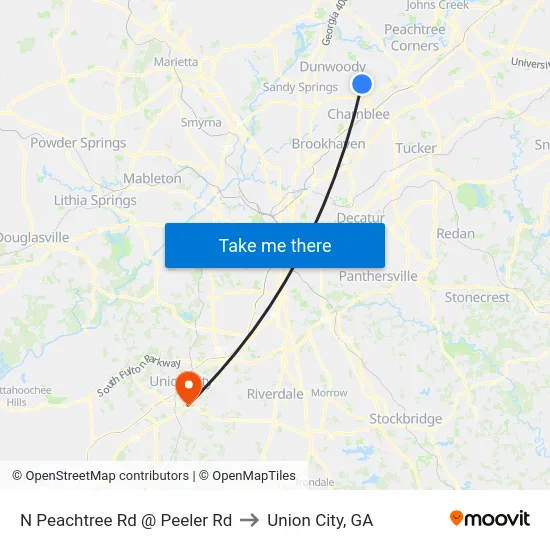 N Peachtree Rd @ Peeler Rd to Union City, GA map