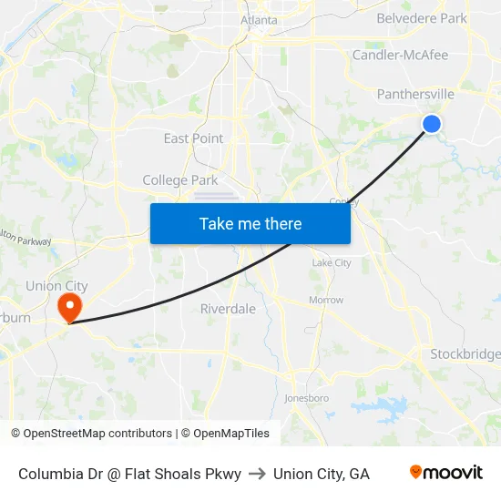 Columbia Dr @ Flat Shoals Pkwy to Union City, GA map
