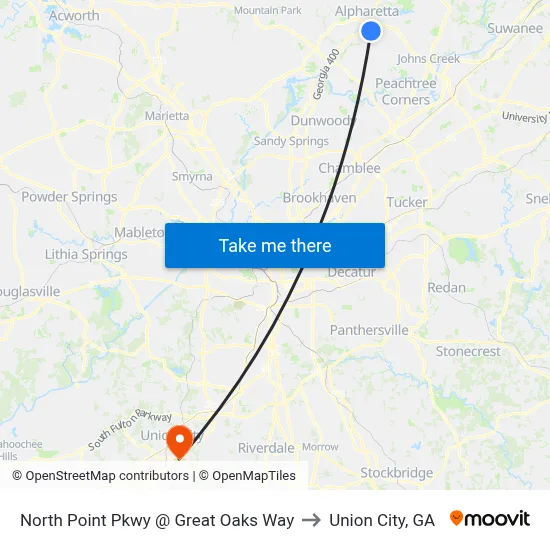 North Point Pkwy @ Great Oaks Way to Union City, GA map