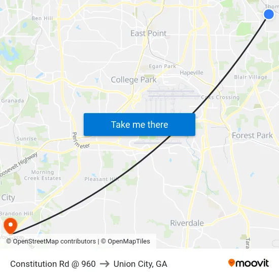 Constitution Rd @ 960 to Union City, GA map