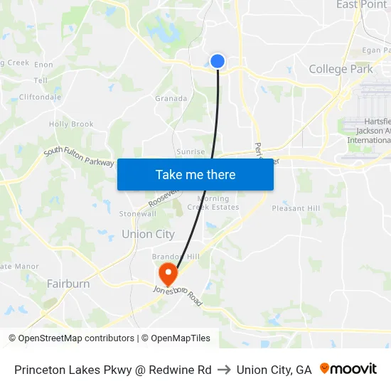Princeton Lakes Pkwy @ Redwine Rd to Union City, GA map