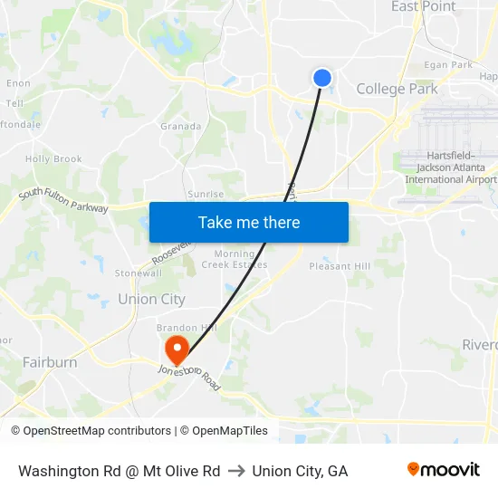 Washington Rd @ Mt Olive Rd to Union City, GA map
