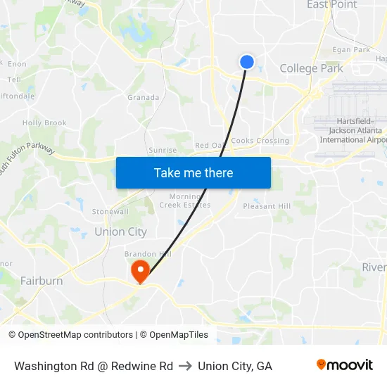 Washington Rd @ Redwine Rd to Union City, GA map
