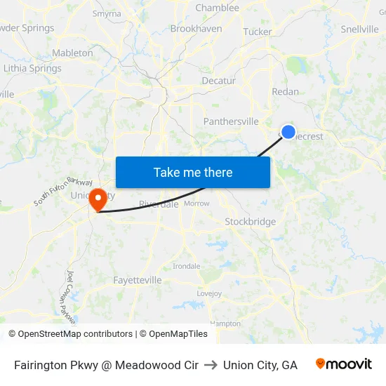 Fairington Pkwy @ Meadowood Cir to Union City, GA map