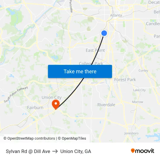 Sylvan Rd @ Dill Ave to Union City, GA map