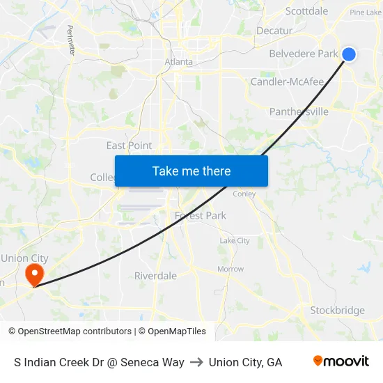 S Indian Creek Dr @ Seneca Way to Union City, GA map