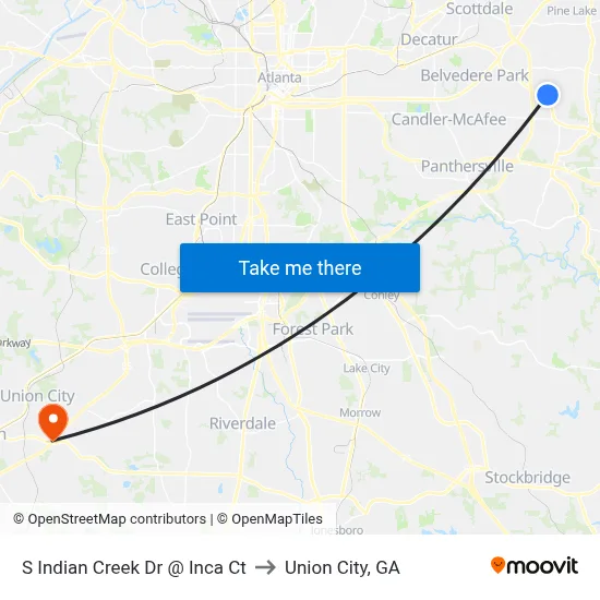 S Indian Creek Dr @ Inca Ct to Union City, GA map