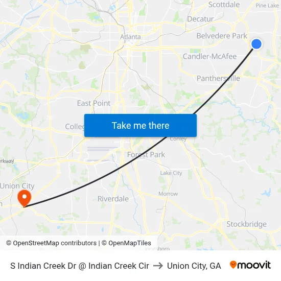 S Indian Creek Dr @ Indian Creek Cir to Union City, GA map