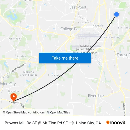 Browns Mill Rd SE @ Mt Zion Rd SE to Union City, GA map