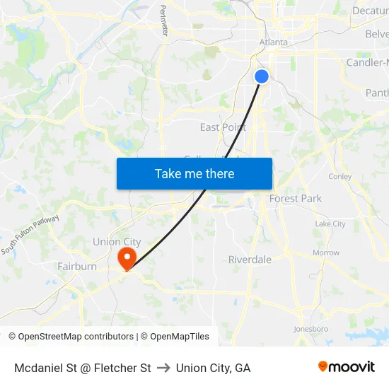 Mcdaniel St @ Fletcher St to Union City, GA map