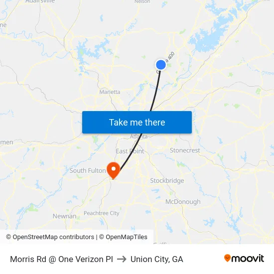 Morris Rd @ One Verizon Pl to Union City, GA map