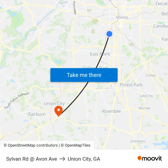 Sylvan Rd @ Avon Ave to Union City, GA map