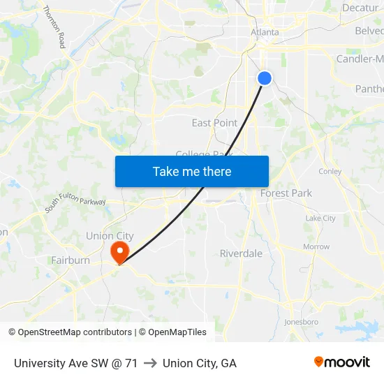 University Ave SW @ 71 to Union City, GA map