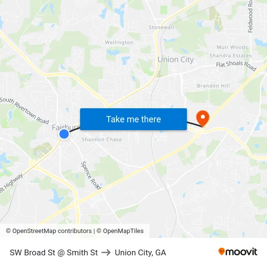 SW Broad St @ Smith St to Union City, GA map