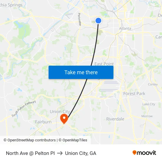 North Ave @ Pelton Pl to Union City, GA map