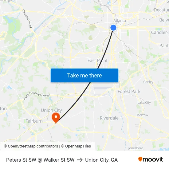 Peters St SW @ Walker St SW to Union City, GA map