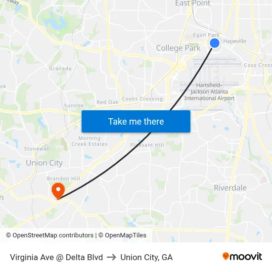 Virginia Ave @ Delta Blvd to Union City, GA map