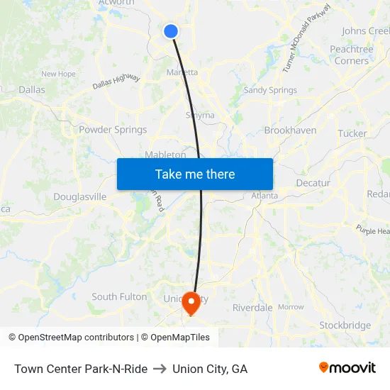 Town Center Park-N-Ride to Union City, GA map