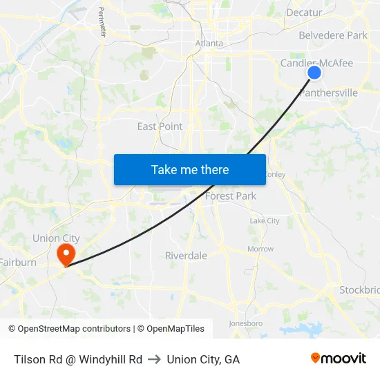 Tilson Rd @ Windyhill Rd to Union City, GA map