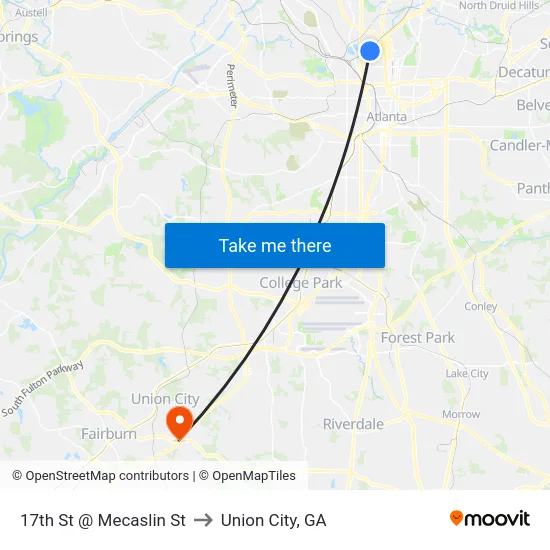 17th St @ Mecaslin St to Union City, GA map