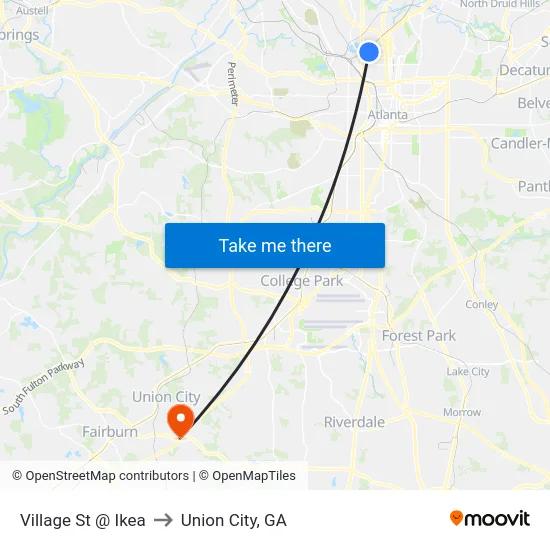 Village St @ Ikea to Union City, GA map