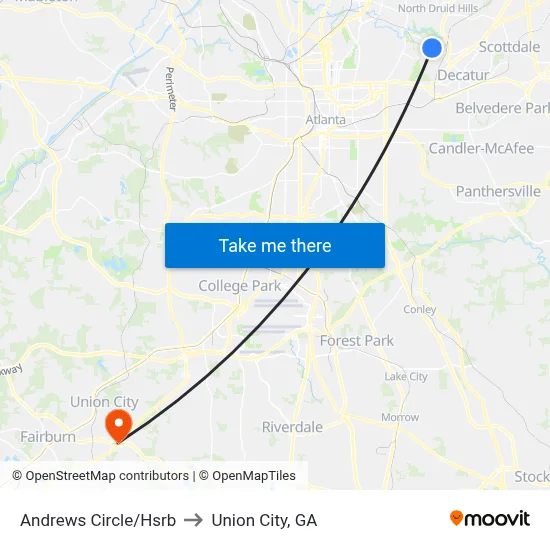 Andrews Circle/Hsrb to Union City, GA map