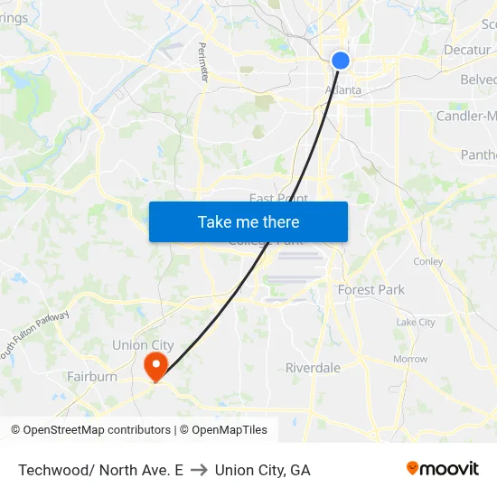 Techwood/ North Ave. E to Union City, GA map