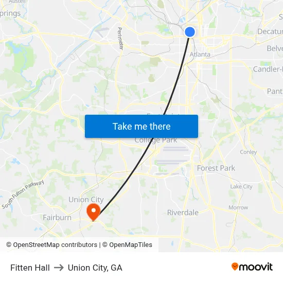 Fitten Hall to Union City, GA map