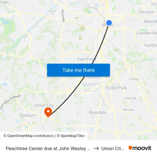 Peachtree Center Ave at John Wesley Dobbs Ave to Union City, GA map