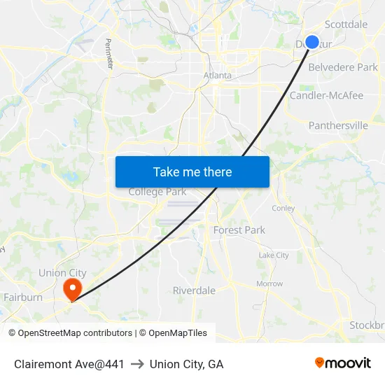 Clairemont Ave@441 to Union City, GA map