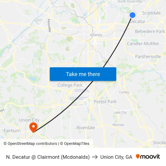 N. Decatur @ Clairmont (Mcdonalds) to Union City, GA map
