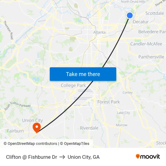 Clifton @ Fishburne Dr to Union City, GA map