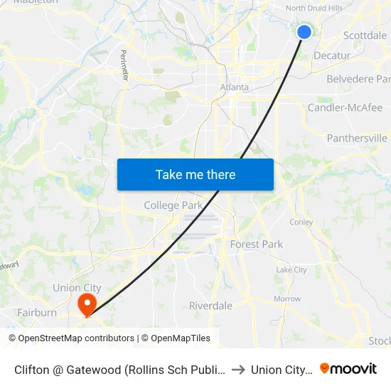 Clifton @ Gatewood (Rollins Sch Public Health) to Union City, GA map