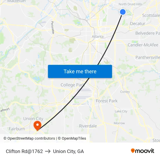 Clifton Rd@1762 to Union City, GA map