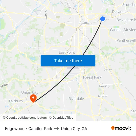 Edgewood / Candler Park to Union City, GA map