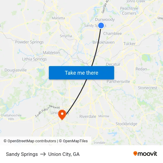 Sandy Springs to Union City, GA map