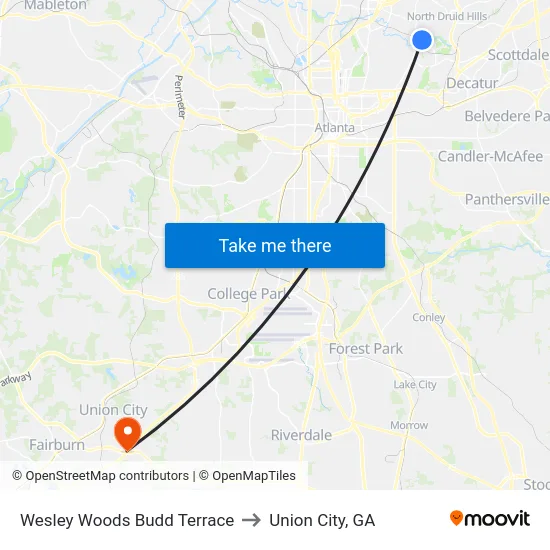 Wesley Woods Budd Terrace to Union City, GA map