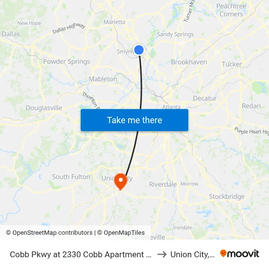 Cobb Pkwy at 2330 Cobb Apartment Homes to Union City, GA map