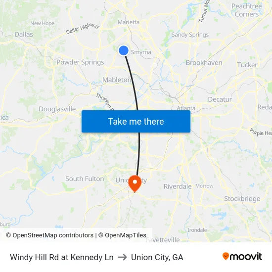 Windy Hill Rd at Kennedy Ln to Union City, GA map