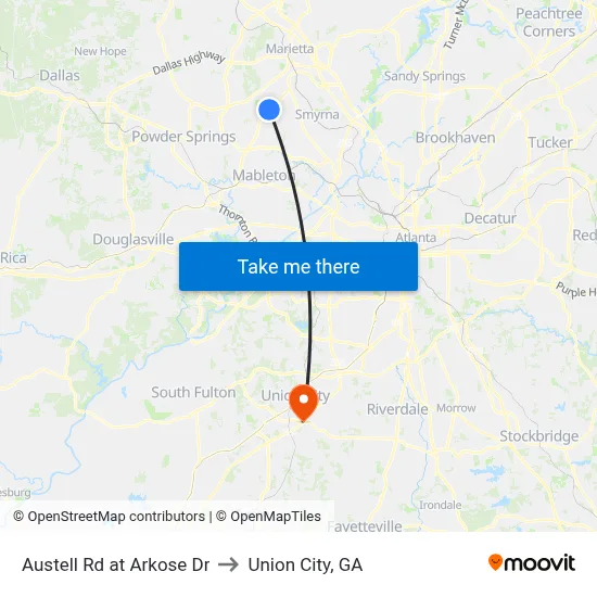Austell Rd at Arkose Dr to Union City, GA map