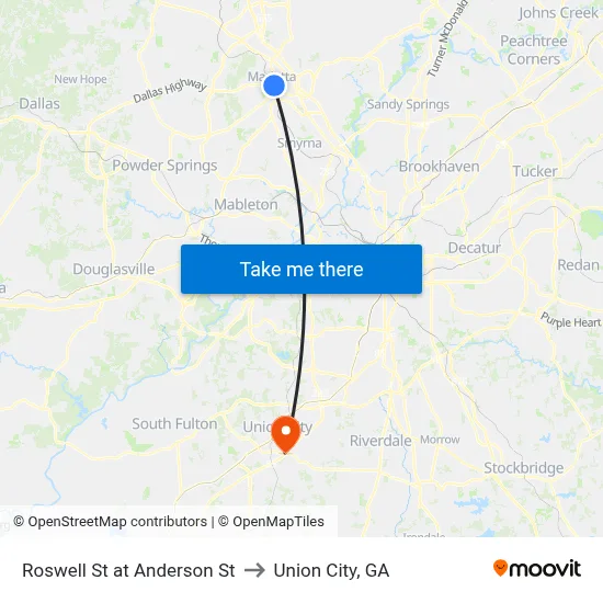 Roswell St at Anderson St to Union City, GA map
