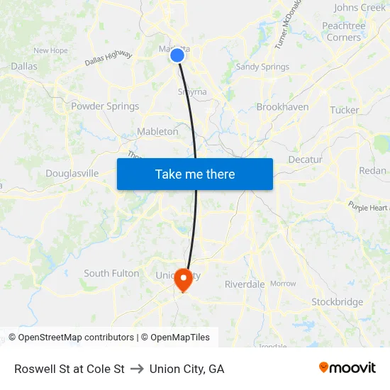 Roswell St at Cole St to Union City, GA map