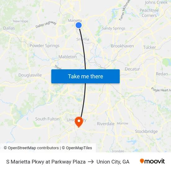 S Marietta Pkwy at Parkway Plaza to Union City, GA map