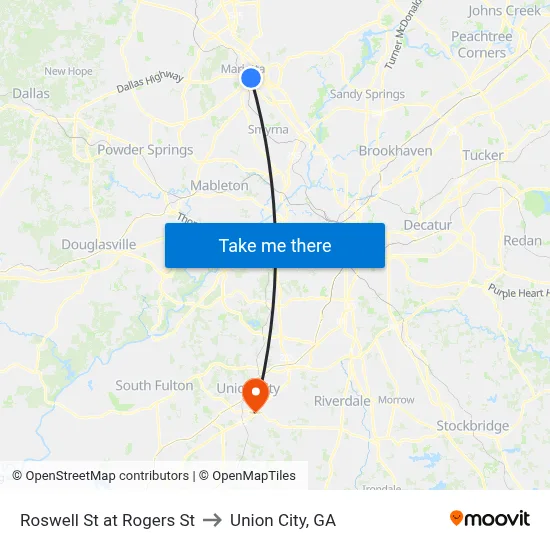 Roswell St at Rogers St to Union City, GA map