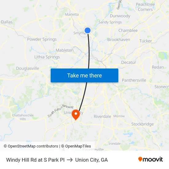 Windy Hill Rd at S Park Pl to Union City, GA map
