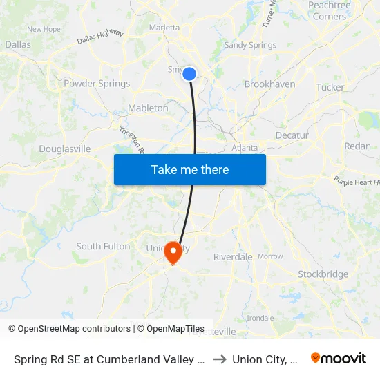 Spring Rd SE at Cumberland Valley Dr to Union City, GA map