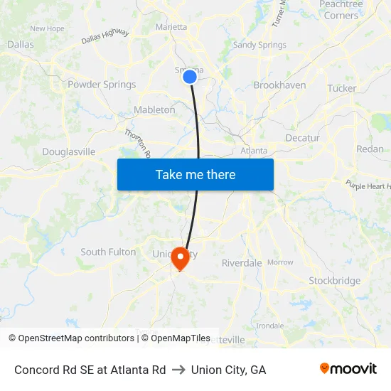 Concord Rd SE at Atlanta Rd to Union City, GA map