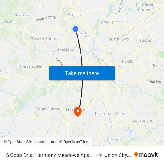 S Cobb Dr at Harmony Meadows Apartments to Union City, GA map